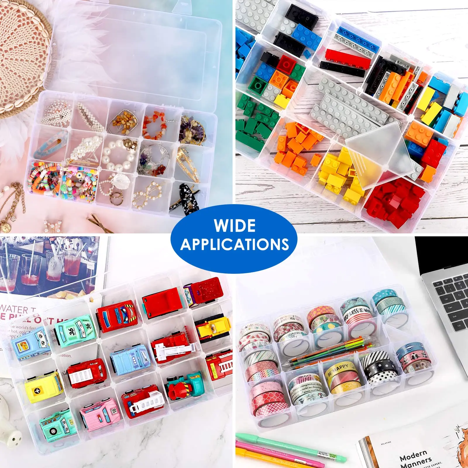 1/2/3 Stück große transparente Kunststoff-Aufbewahrungsboxen mit 15 Fächern – ideal für Heimwerkerarbeiten, Schmuck, Perlen, Werkzeuge, Bastelarbeiten und mehr – Detail 3