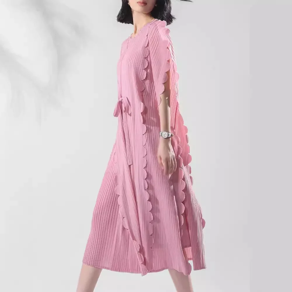 

Miyake Style Pleated Dress for Women 2024 Autumn New Solid Color Ruffled Sleeves Round Neck Loose Large Size Mid-length Skirt