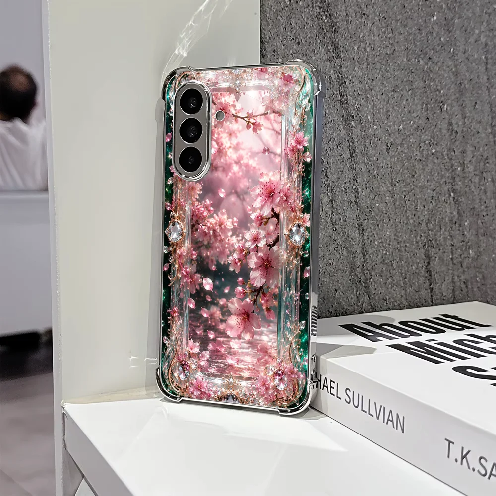 Feminine Romantic Glitter Sakura Glass Phone Case for Samsung Galaxy S26 S25 S24 S23 S22 S21Ultra FE Plus Shock Absorption Shell