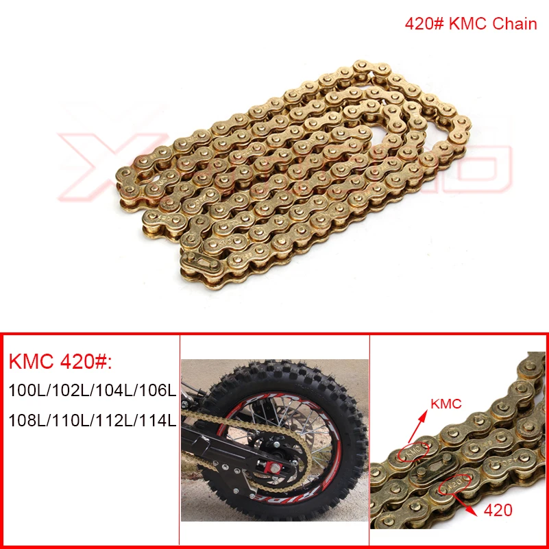 Gold KMC 420 102/104/108 links GOLD O-RING chain 50 70 90 110 125cc dirt bike/pit bike 420 chain can choose thelinks you want