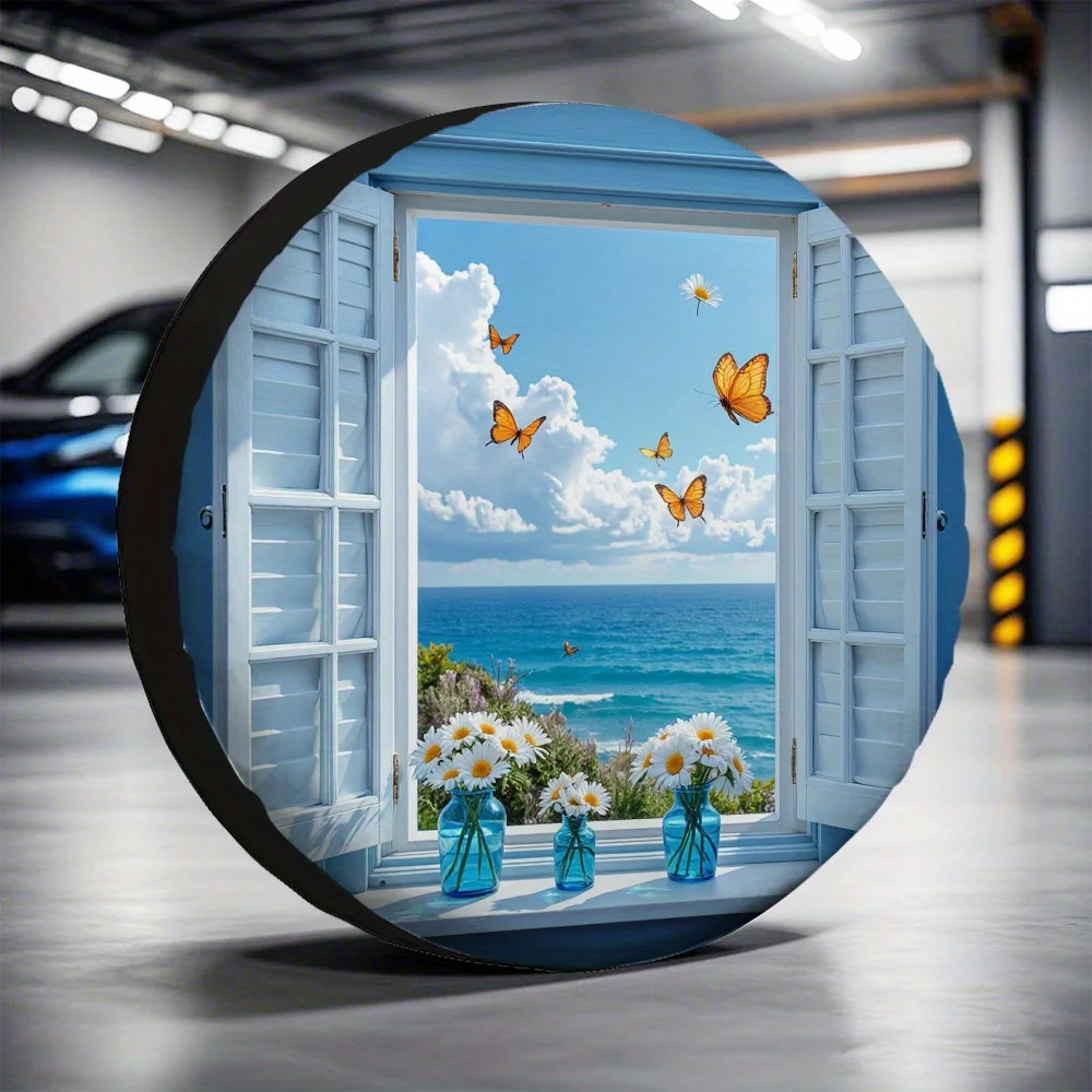 1pc Sunflowers & Blue Vases & Butterflies Polyester Tire Cover - Versatile Outdoor Decor For School Parking Lots, No Electricity
