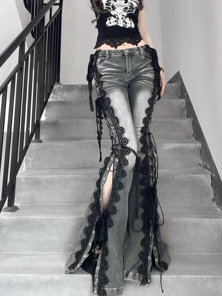 الرجعية الثقوب الدانتيل يصل مضيئة الجينز غرزة الدانتيل شعيرات ضئيلة منخفضة الارتفاع سبليت Bootcut السراويل النساء جرس قيعان الشارع الشهير