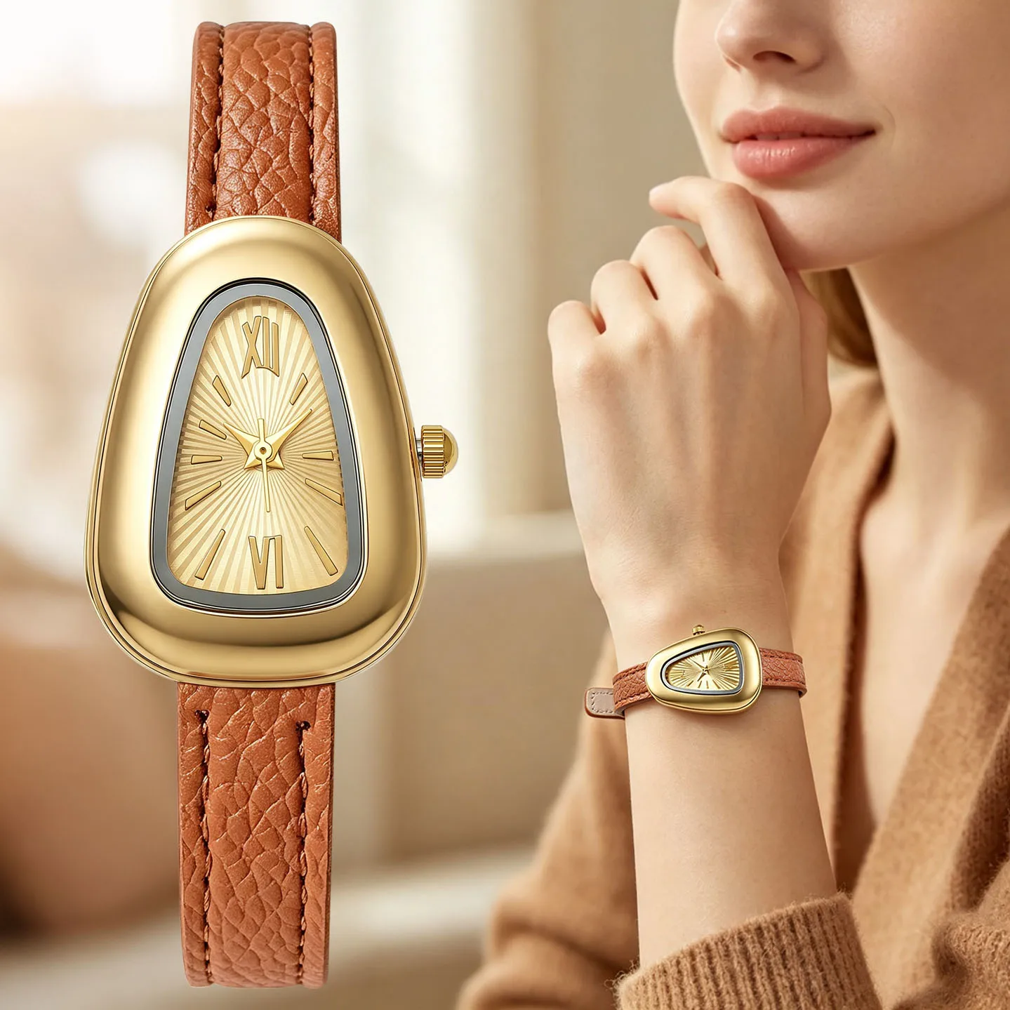 Irregular Oval Quartz Watches Roman Numerals Thin Leather Strap Luxury Gold Case Elegant Women Watches