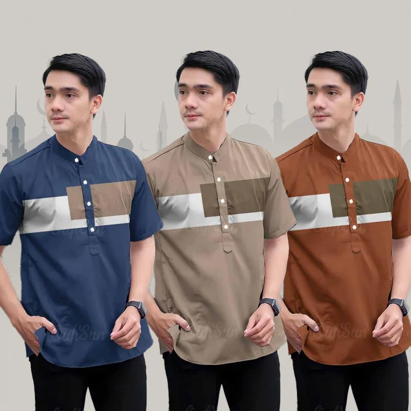 

Мужская рубашка в стиле батик 2025 года, коллекция Рамадан, мусульманский стиль, короткий рукав, воротник-стойка, 3D полосатый сублимационный принт для взрослых Kurta