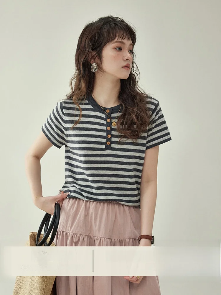 Camiseta de punto AMUU North Island retro a rayas con cuello redondo y manga corta para mujer, estilo casual, holgada, adelga...