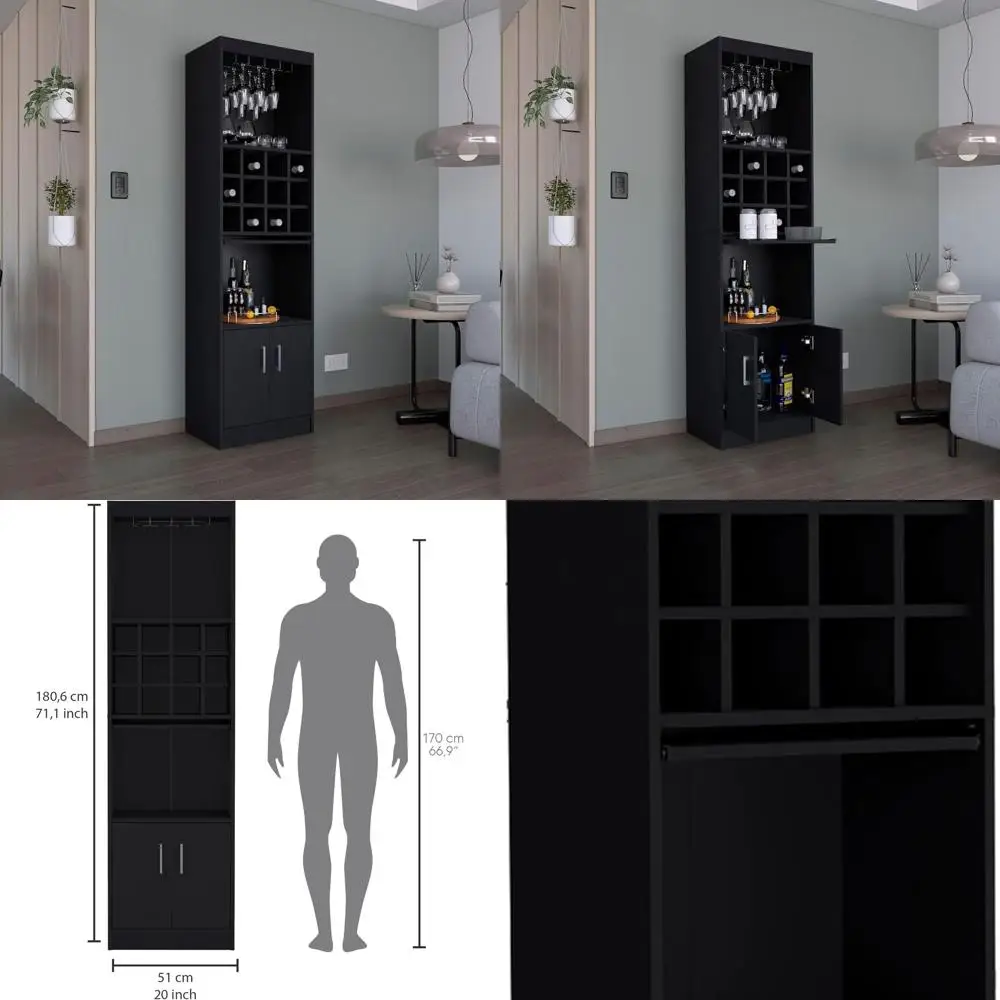 

Bar Cabinet 71 Inch Tall 5-Tier Black Engineered Wood with 12-Bottle Cubbies Stemware Rack and Pull-Out Tray, Narrow Home Bar Wi