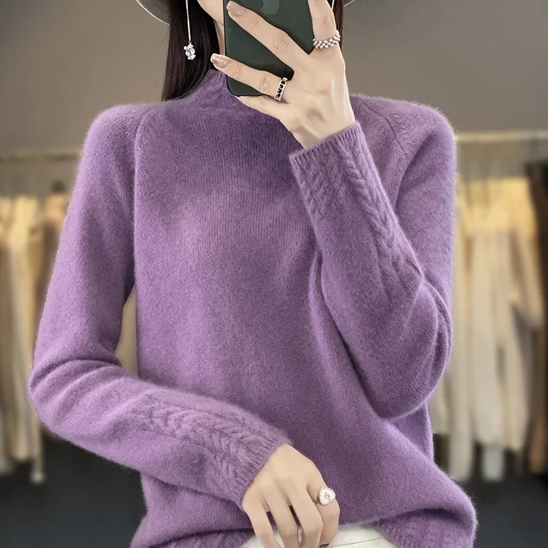 

Women Soft Wool Sweater Half-high Twists Collar Thickened Pullover Autumn Winter Casual Knit Basis Top Cashmere Female Knitwear