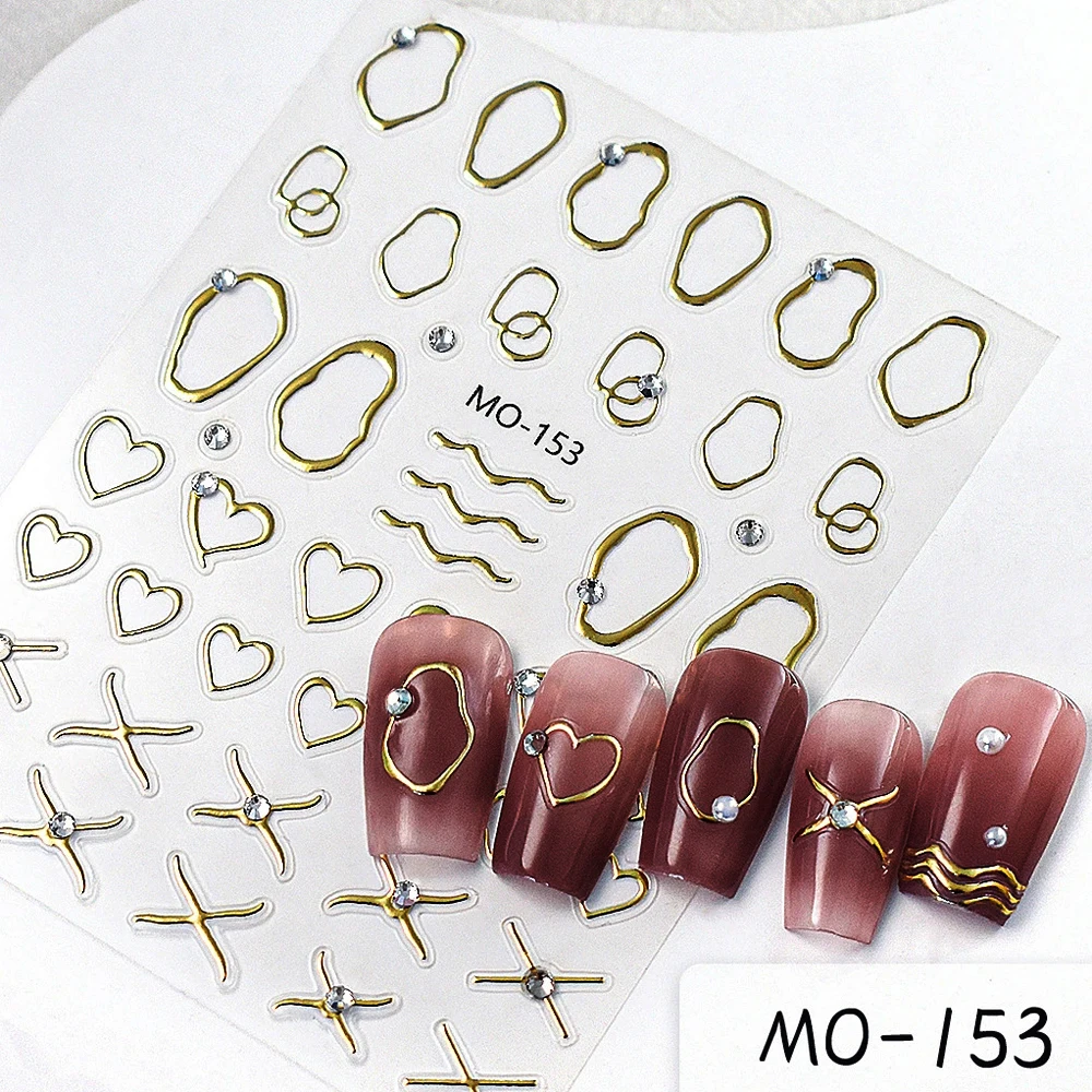 5D 릴리프 크리스탈 다이아몬드 골드 및 실버 불규칙한 물결 모양의 라인이 있는 프랑스 네일 아트 스티커 러브 패턴 네일 아트 데칼