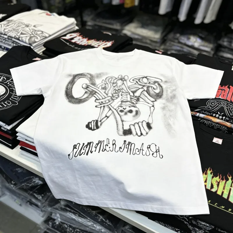Summer White Cactus Jack Tshirts Inverted Skeleton Bike Graffiti Short Sleeve Men Women Casual Breathable Tops Street Outfit