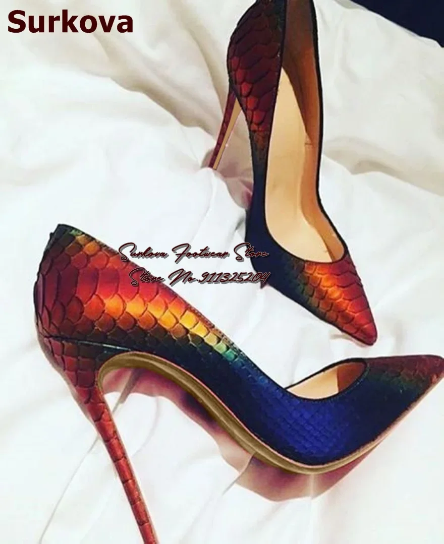 

Surkova Sexy Gradient Color Snakeskin High Heel Shoes Red Green Blue Color Patchwork Python 12cm Dress Pumps Size45 Dropship