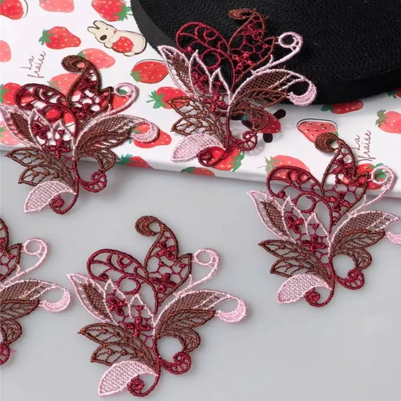 10Pcs/Lot 5*7cm Shiny Dark Red Pink Mixed Hollow Gradient Sewing Motif Venise Lace Applique for Garment Embroidery Lace Patches