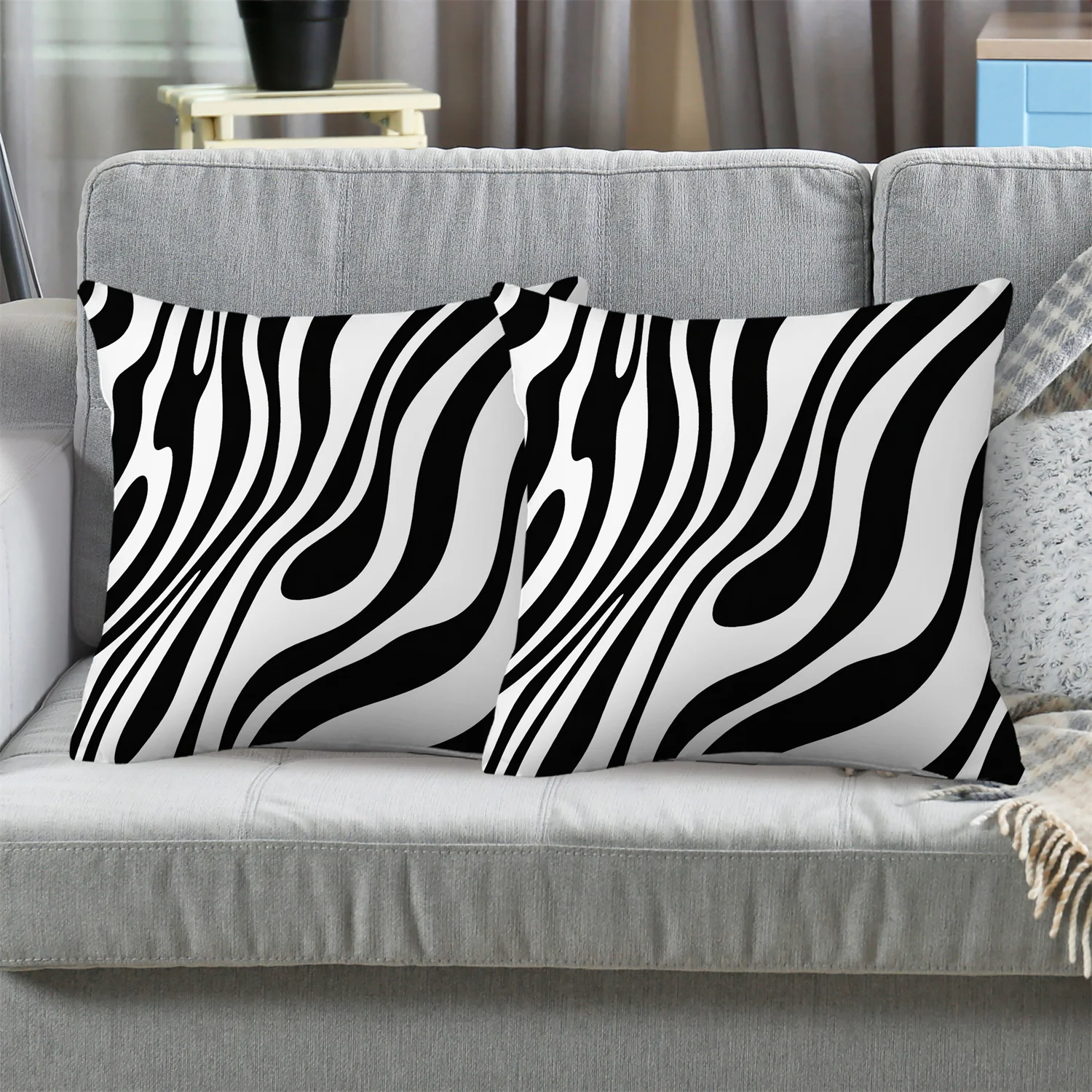 2PCS Throw Pillow Covers, Black White Zebra Stripe Print, Animal Print Style, For Sofa Bedroom Couch Living Room Home Decor