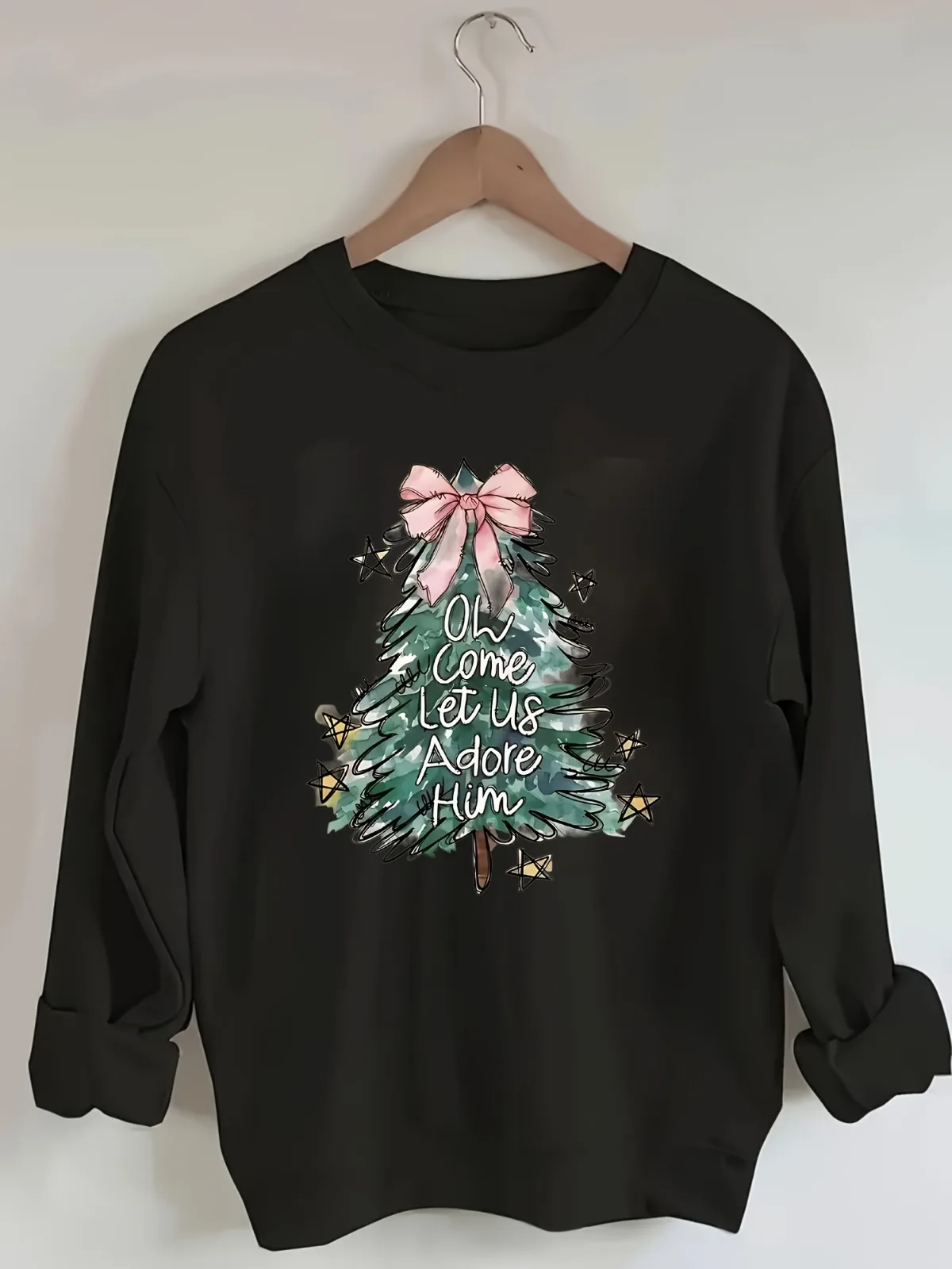 Felpa con cappuccio stampata con motivo albero di Natale alla moda casual da donna, comodo pullover stile street, abbigliamento regalo per le vacanze