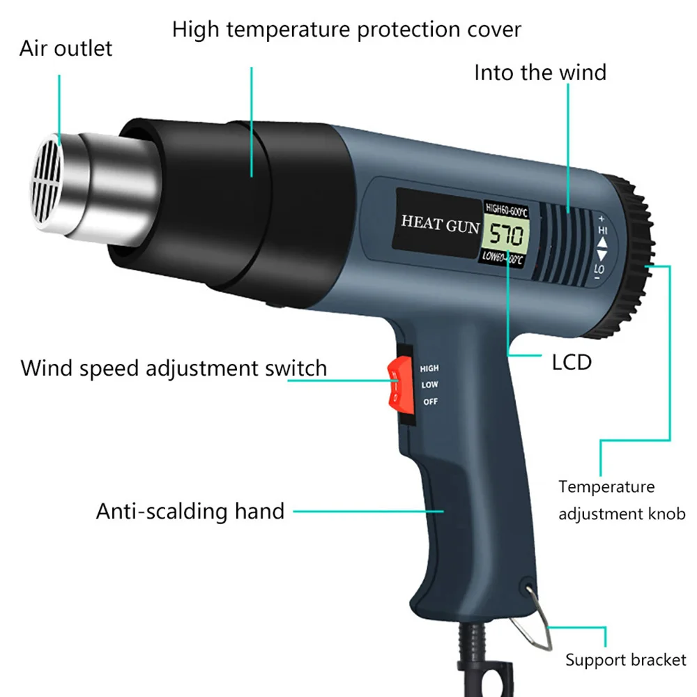 High Quality LCD Digital Display Hot Air Gun High Power Hair Dryer Wrapping Thermal Shrink Car Film Repair Tool 220V EU Plug