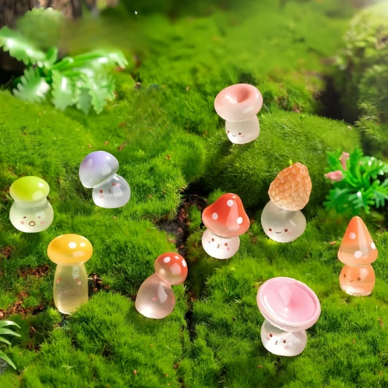 12PCS Miniatures Luminous Cartoon Mushrooms Toy Fairy Garden Decoration Cute Mushroom Moss Micro Landscape Accessories Prop