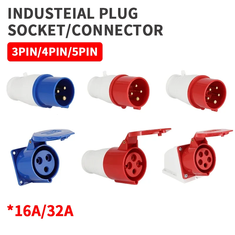 

10Pcs Industrial plug and socket waterproof connector 3PIN 4PIN 5PIN 16A/32A waterproof electrical connection wall mount socket