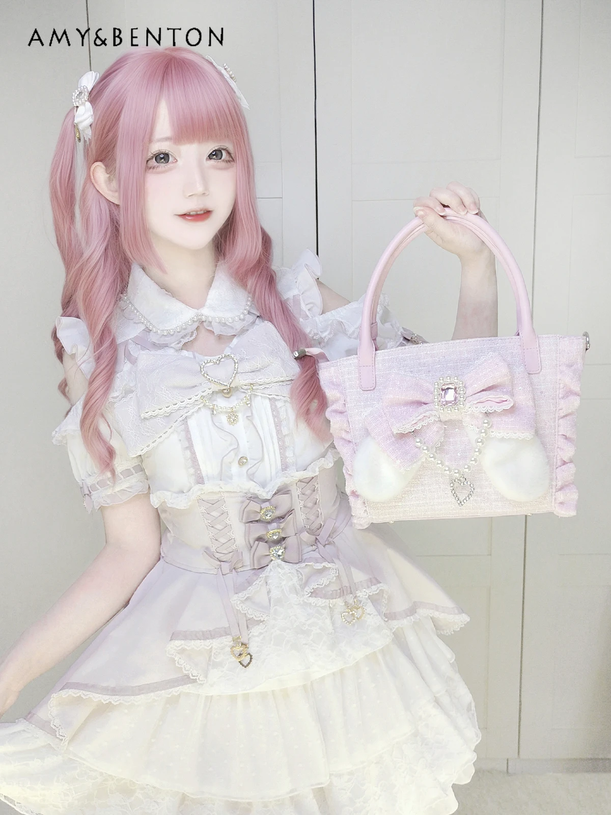 Sweet Cute Handbag Original Mine Series Mass-Produced Japanese Bow Beaded Plush Handbag Versatile Kawaii Woolen Crossbody Bag