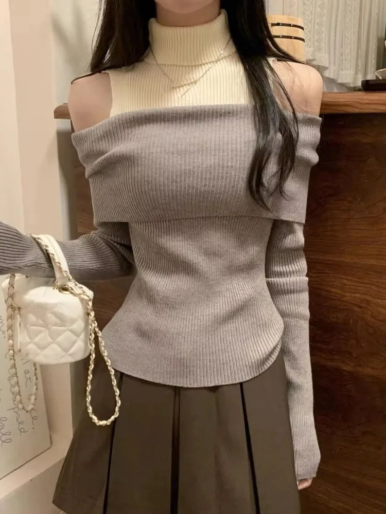 2026 Women Off Shoulder Halter Long Sleeve Knit Top Design Striped Slim Fit Spring Pullover Trendy Outer Sweater
