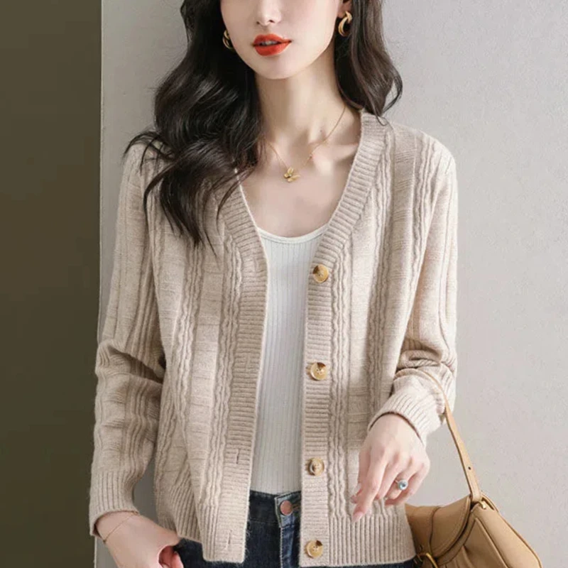 

Spring Autumn New Women Clothing Sweater Coats V-Neck Solid Single Breaste Fashion Casual Loose Long Sleeve Cardigan Knitted Top