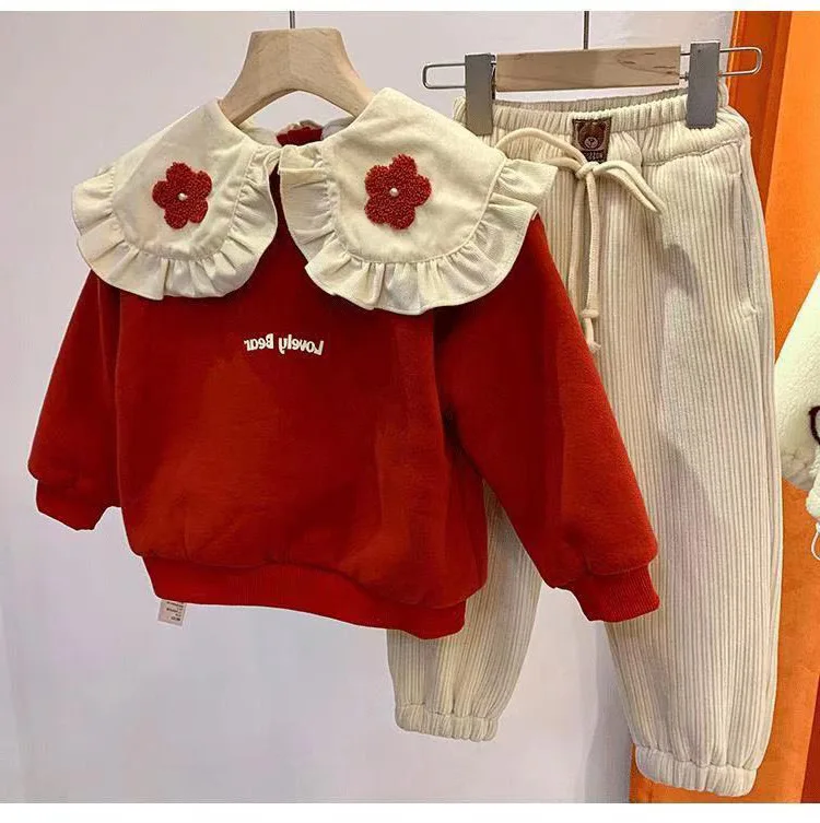 

Girls plus fleece lapel hoodie children 2023 new winter top baby foreign Korean version thick jumper tide80-130cm