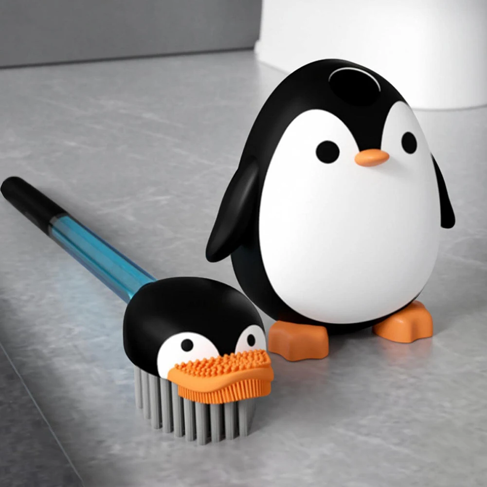 Cute Penguin Silicone Brush Wall Mounted Toilet Brush With Holder Soap Dispensing Toilet Scrubber Brush Bathroom Cleaning Tool