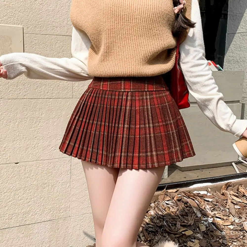 

Elastic Plaid Woolen Pleated Skirt Tiered Harajuku High Waist A-line Skirt Korean Style Dress Short Mini Skirts School Girl