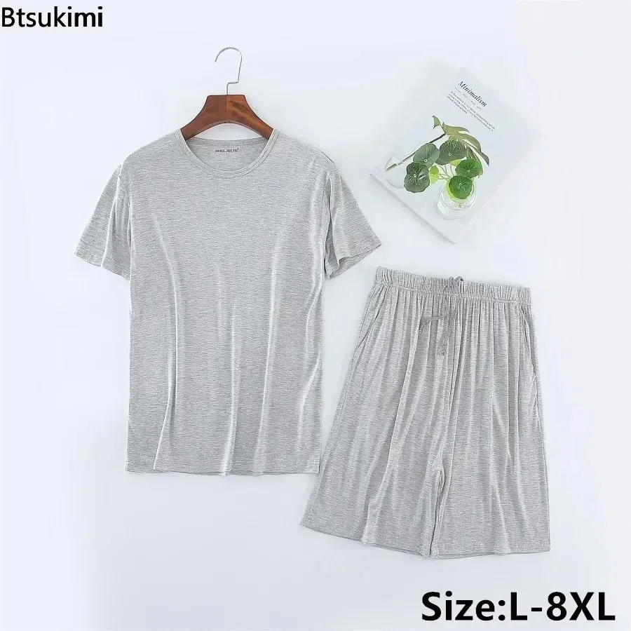 

Summer New Men's Solid Casual Pajama Sets Comfort Modal Cotton Pullover+Shorts Homewear Suit 2025 Men Lounge Sleepwear Oversized