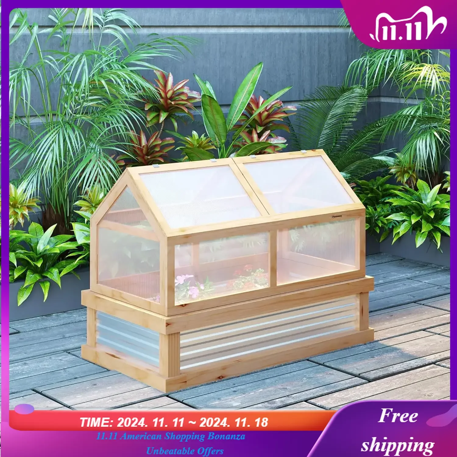 Raised Garden Bed with Polycarbonate Greenhouse, Wooden Garden Cold Frame Greenhouse, Flower Planter Protection room