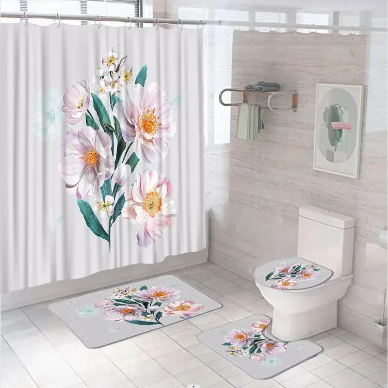 

HKL22Красочные растения, ботанические полевые цветы, набор занавесок для душа, садовая цветочная бабочка, декор для ванной комнаты, коврик для ванной Toil3Lh!