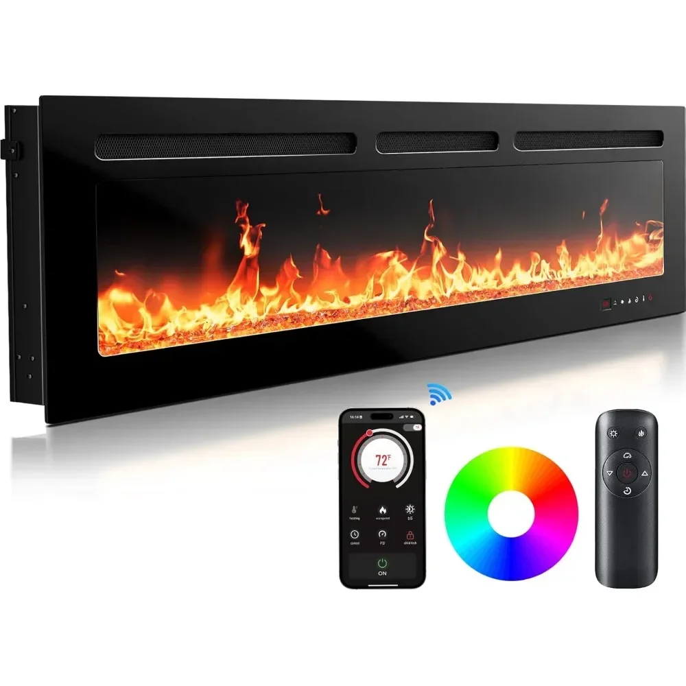 Electric Fireplace Heater with App & Remote Control, Ultra-Slim Wall-Mounted or Recessed Electric Fireplace Inserts with Timer