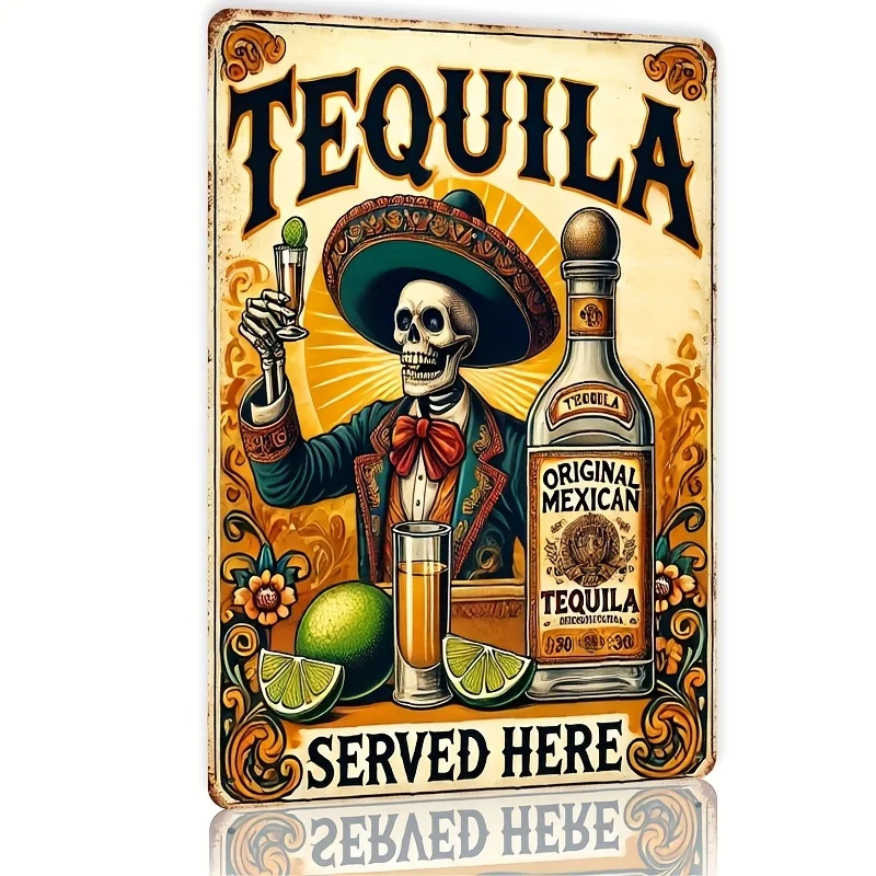 [2D Flach] 1 Stück Vintage Tequila Metall-Wandschild - 20x30 cm Retro Bar-Dekoration mit Totenkopf & Sombrero Design, Original Mexikanisch