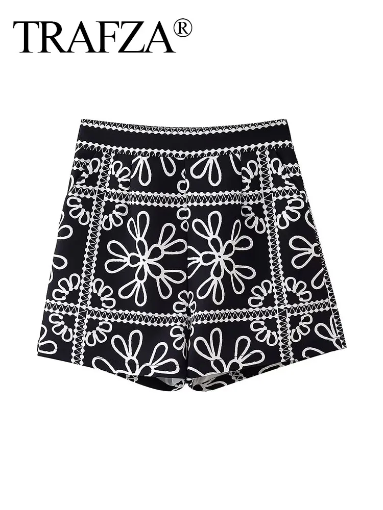 

TRAFZA Female Summer Chic Black And White Print Pants Side Zipper Decorate Fashion Casual Pocket High Waist Short Pant Mujer