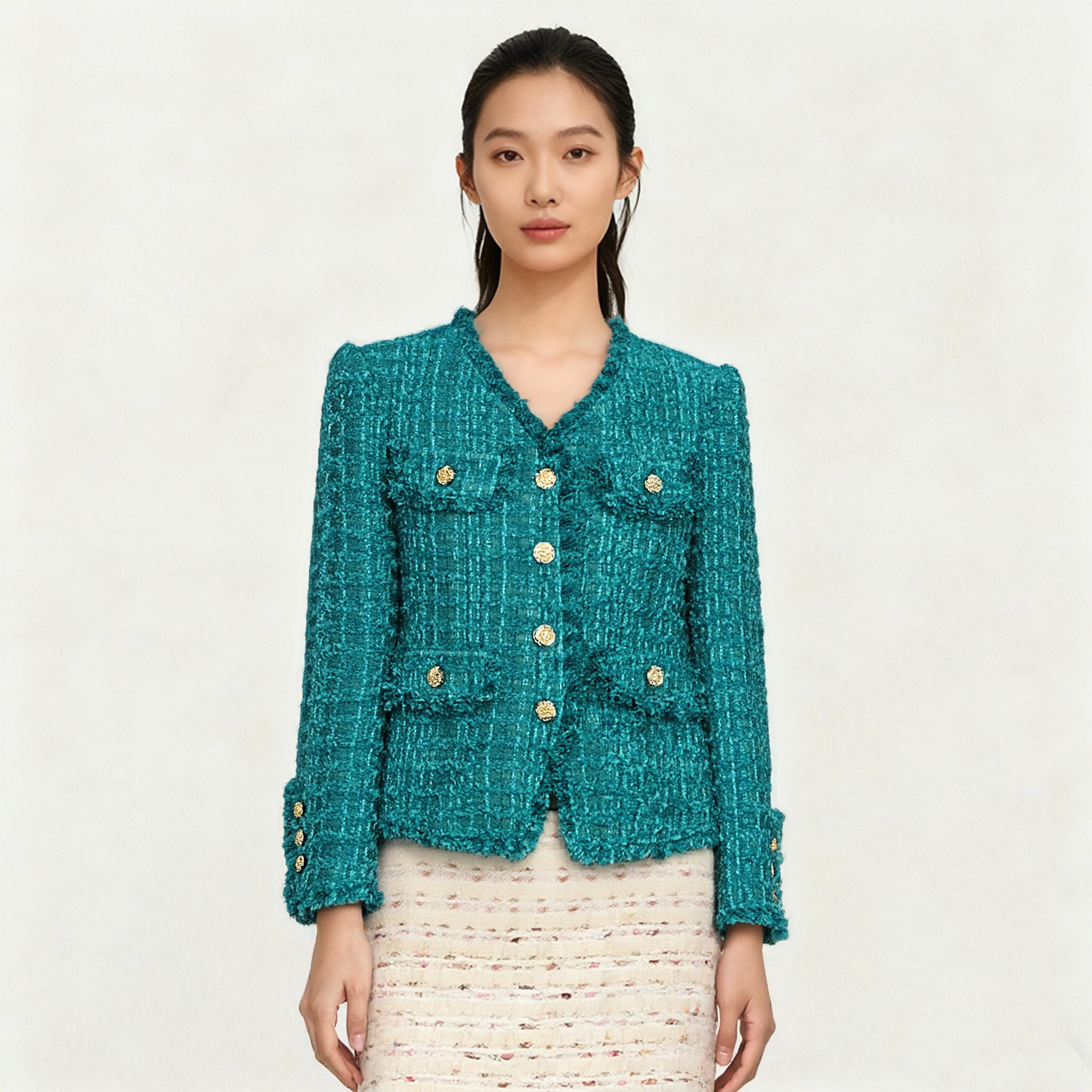 

Зеленое шерстяное пальто с кисточками в стиле ретро, топ с v-образным вырезом, синий павлин, весенний новый ароматный стиль, грубая шерсть, маленькая деталь с кисточками