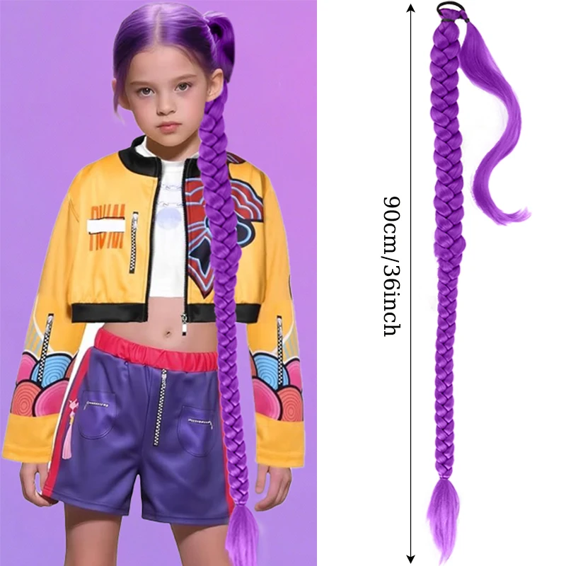 

36-дюймовый супер длинный фиолетовый парик с хвостиком, синтетический плетеный хвост, наращивание волос с резинкой для волос для детской вечеринки, косплей, использование Rumi