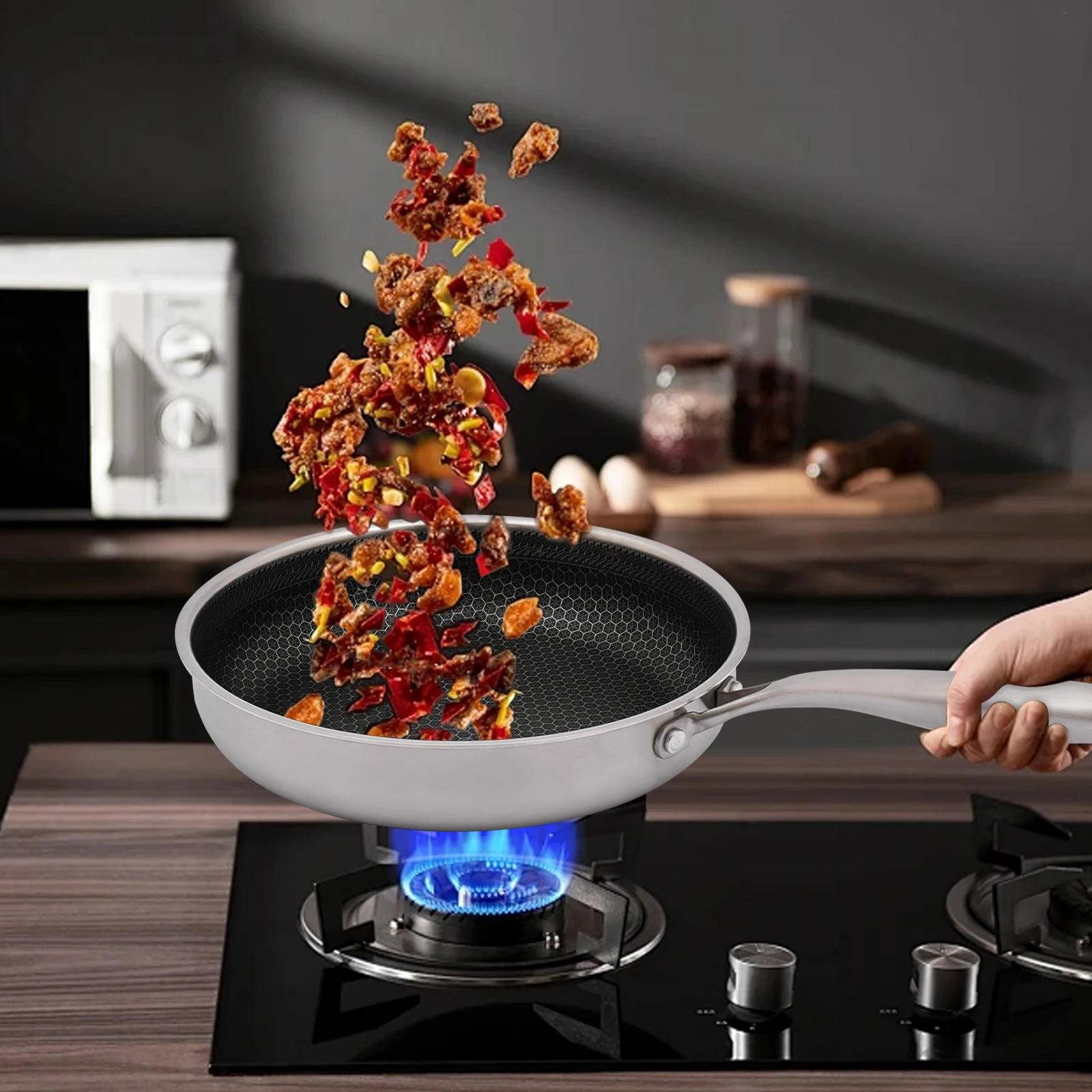 

316 Stainless Steel Frying Pan, Honeycomb Non-stick Pan, Household Wok with Tempered Glass Lid, Cooking Pan