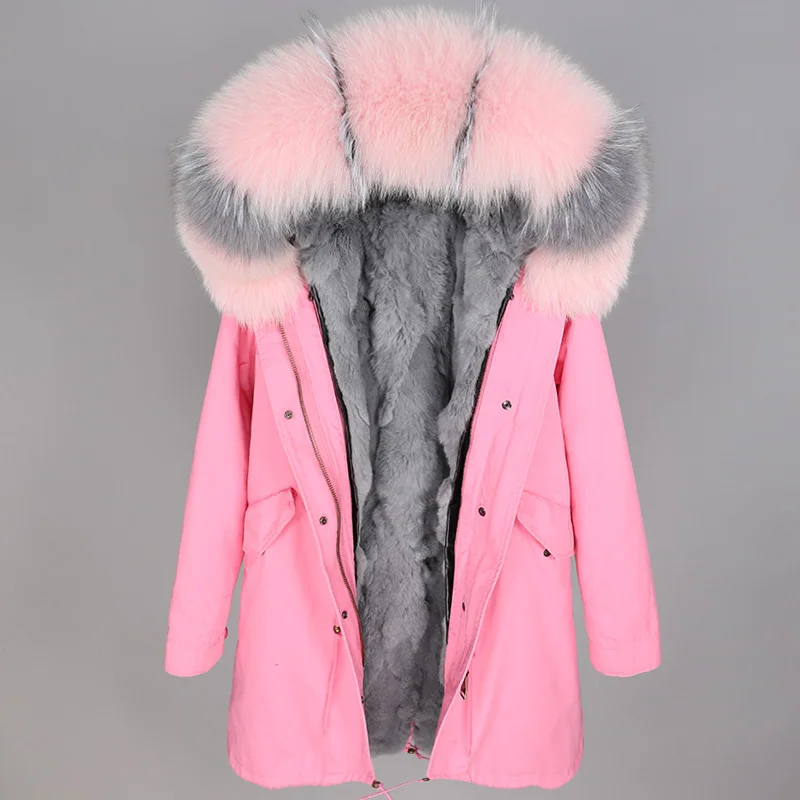 Plus Size Winter Women\'s MAOMAOKONG Coats Natural Raccoon Fur Parkas Rex Rabbit Fur Lining Middle Long Jacket Coat Female