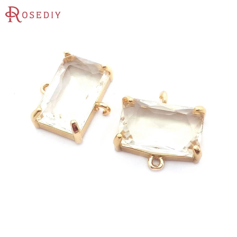 6PCS 9x15MM 18K Gold Color Brass and Glass 2 Holes Rectangle Connect Charms Pendants High Quality Jewelry Diy Accessories