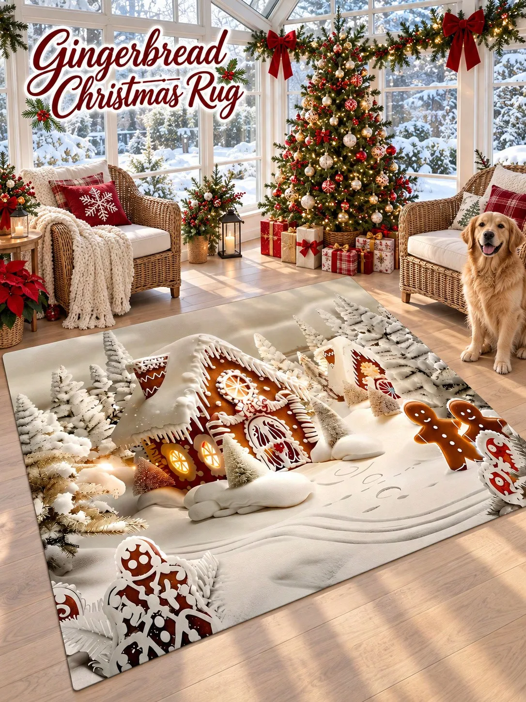 Christmas Rug Gingerbread House Cookies Snow Living Room Bedroom Dining Area Entryway Floor Carpet Gift for Couples Family Neighbors Winter Thanksgiving Birthday Anniversary Housewarming Apartment Cabin Farmhouse Home Styling Sofa Side Reading Nook