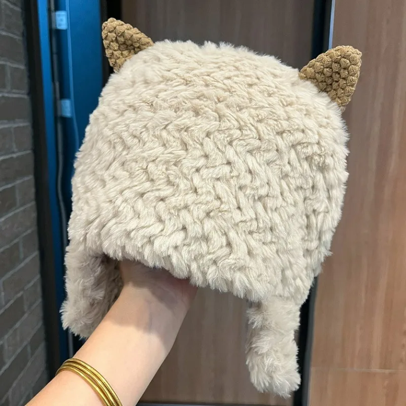 Lamb Wool Bucket Hat Bonnets for Women Sheep Ear Plush Panama Cap Faux Fur Soft Fisherman Hats Winter Outdoor Ear Protection Cap