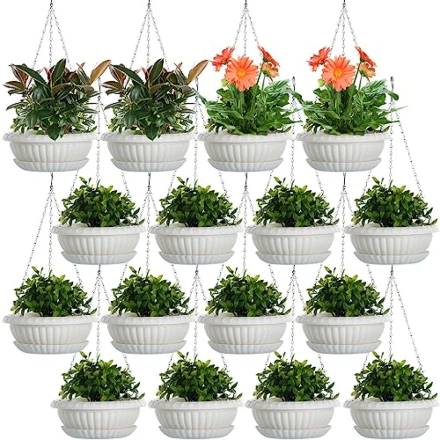 

Набор из 16 больших подвесных кашпо с цепями для домашнего сада, веранды, декора интерьера, белые пластиковые цветочные горшки с поддонами и дренажными отверстиями