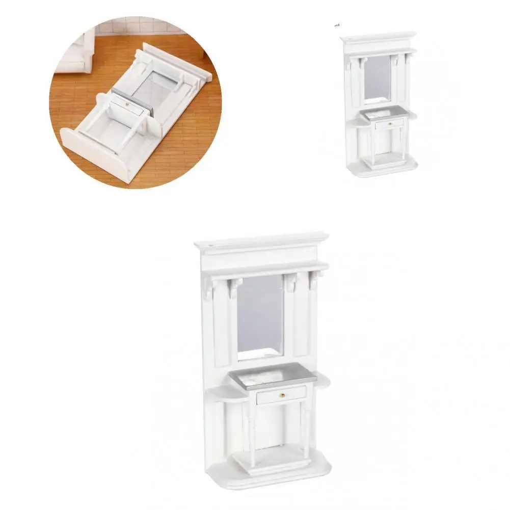 Dollhouse Mirrored Cabinet Smooth Surface White Color Table 1/12 Scale Wood Mirrored Dressing Table