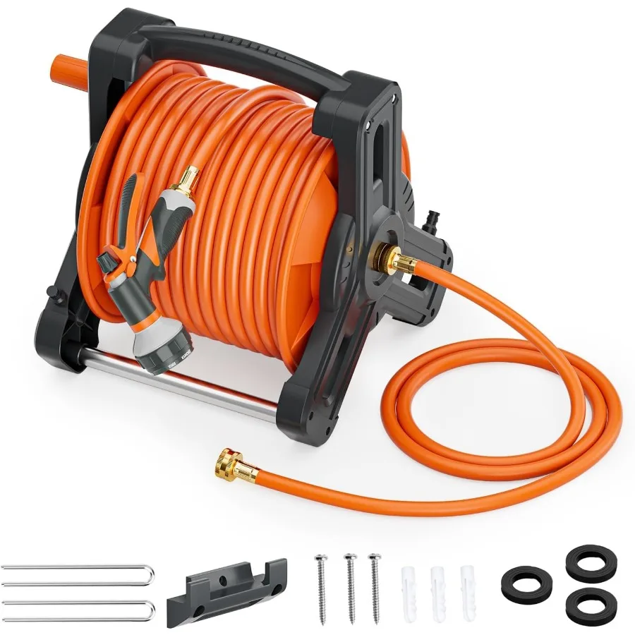 

Portable Garden Hose Reel with 75ft Rubber Water Pipe and 6.5ft Wall Mount Lightweight Winder Combo Featuring Adjustable Nozzle