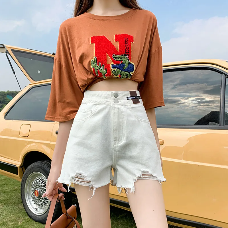 2023 Summer American Simple Denim Shorts Women\'s New Summer High Waist Loose A-line Slim Wide Leg Fur Hem Pants