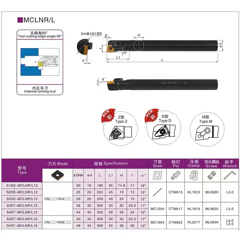 MCLNR MCLNL S16Q-MCLNR12 S20R-MCLNR12 S25S-MCLNR12 S32T-MCLNR12 CNC tour CNC tige barre d'alésage Inserts en carbure intérieur