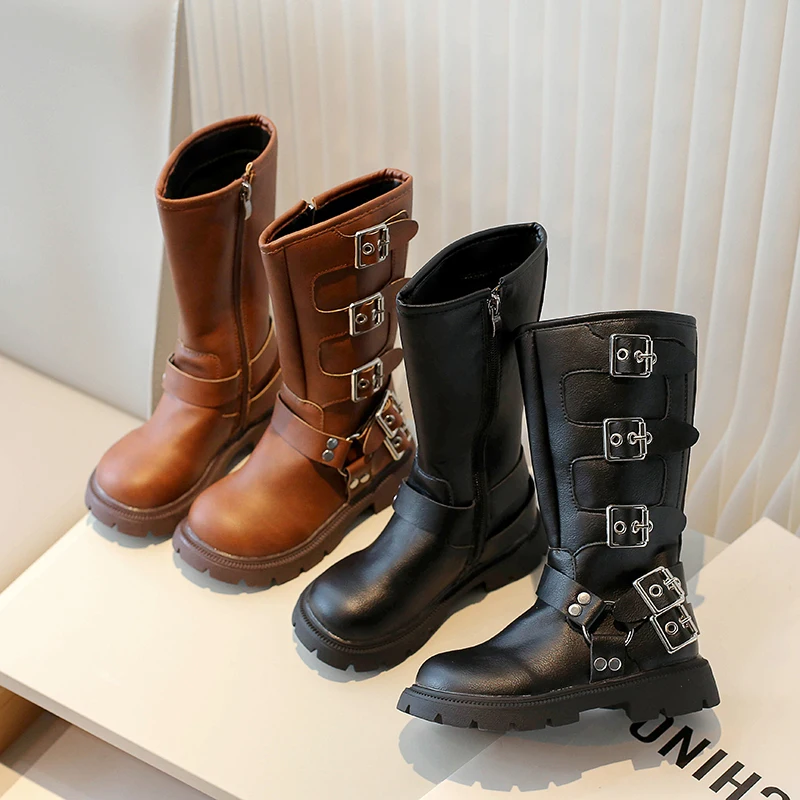 

Детская обувь, классические детские модные ботинки в британском стиле, кожаные ботинки до середины икры для девочек, простые детские повседневные ботинки на толстой подошве