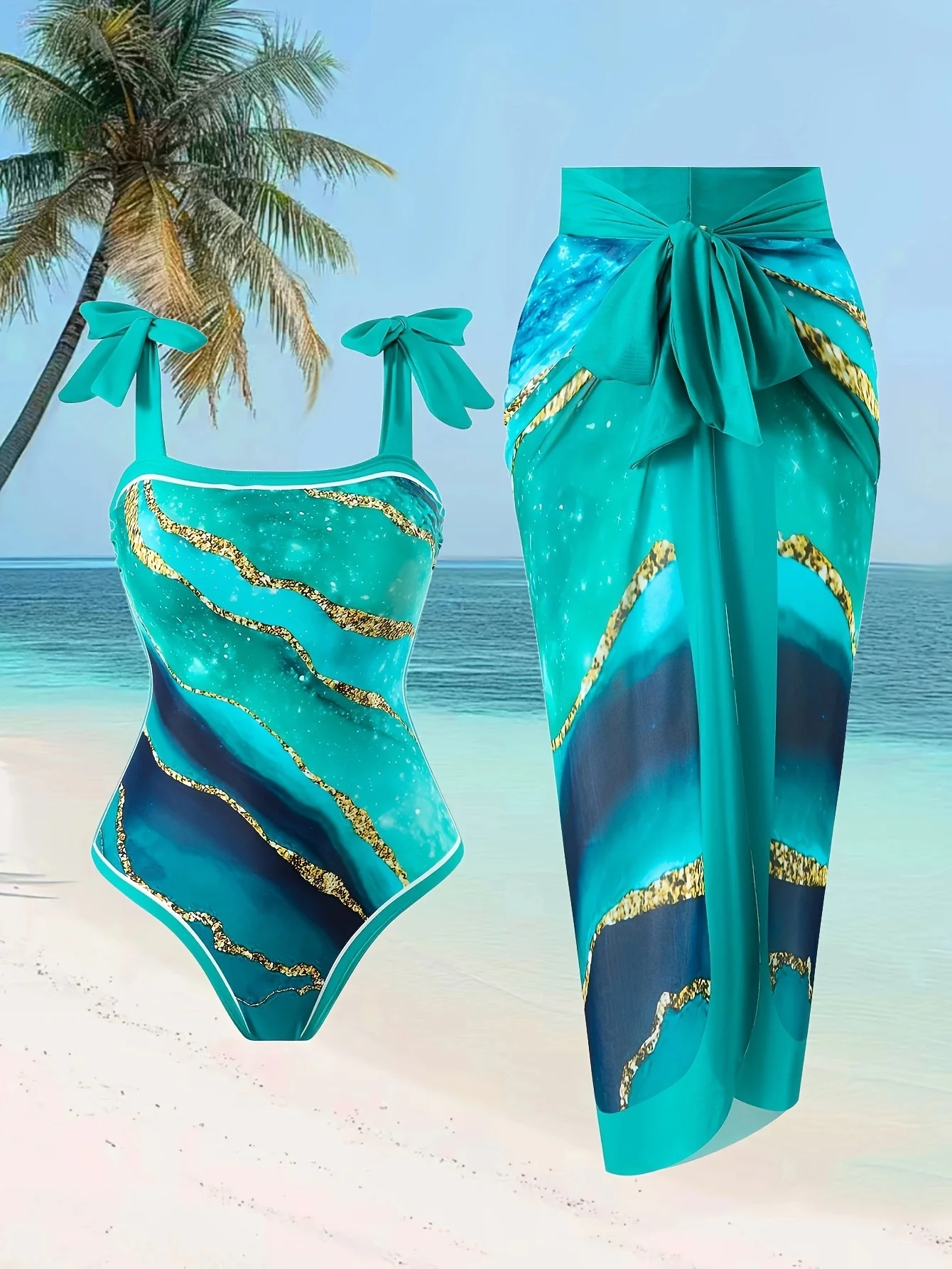 Ocean-Inspired One-Piece Swimsuit & Matching Sarong Set – Teal with Gold Marble Print