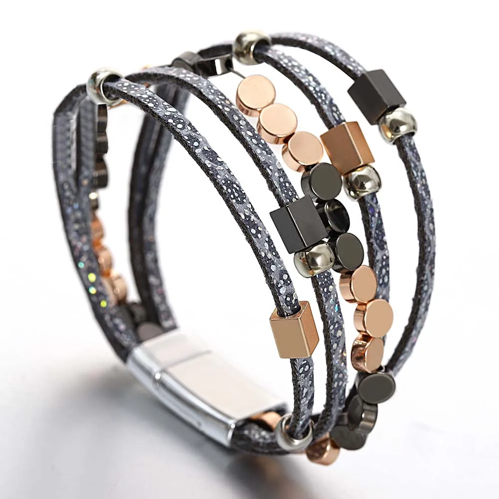 Amorcome Fashion Copper Alloy Beads Bracelet for Women Boho Printed Soft Leather Multilayer Wide Wrap Bracelets Jewelry Gifts