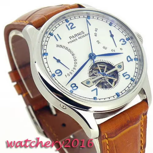 43mm parnis Blue Black white dial power reserve Luxury Brand Genuine Leather deployment clasp automatic movement men\'s watch