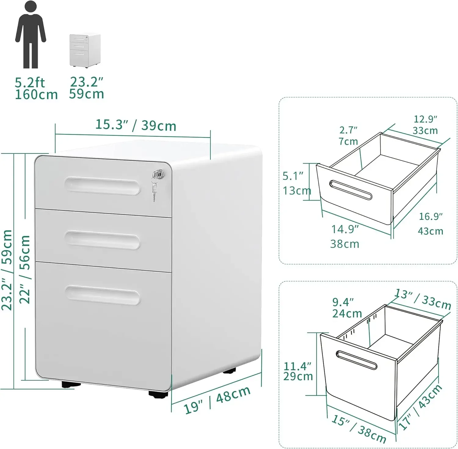 3-Drawer Rolling File Cabinet, Metal Mobile File Cabinet with Lock, Filing Cabinet Under Desk fits Legal/A4 Size for Home/Office