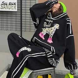 Graffiti Cartoon Dog Oversized Hooded Sweatshirt 2 Piece Sets Womens Casual Pants Sets Y2k Clothes 2024 Autumn Sportwear Femme